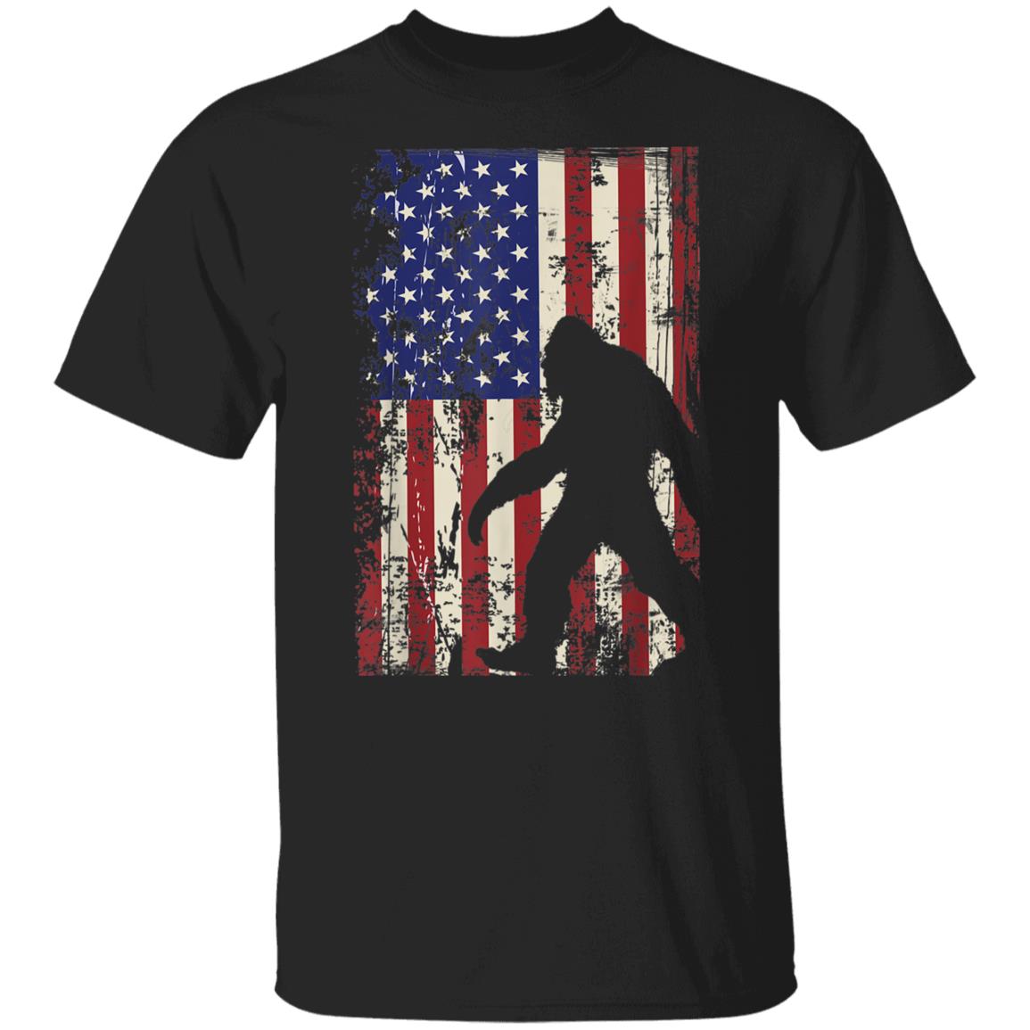 Bigfoot American Flag 4th of July Patriotic Black T-Shirt