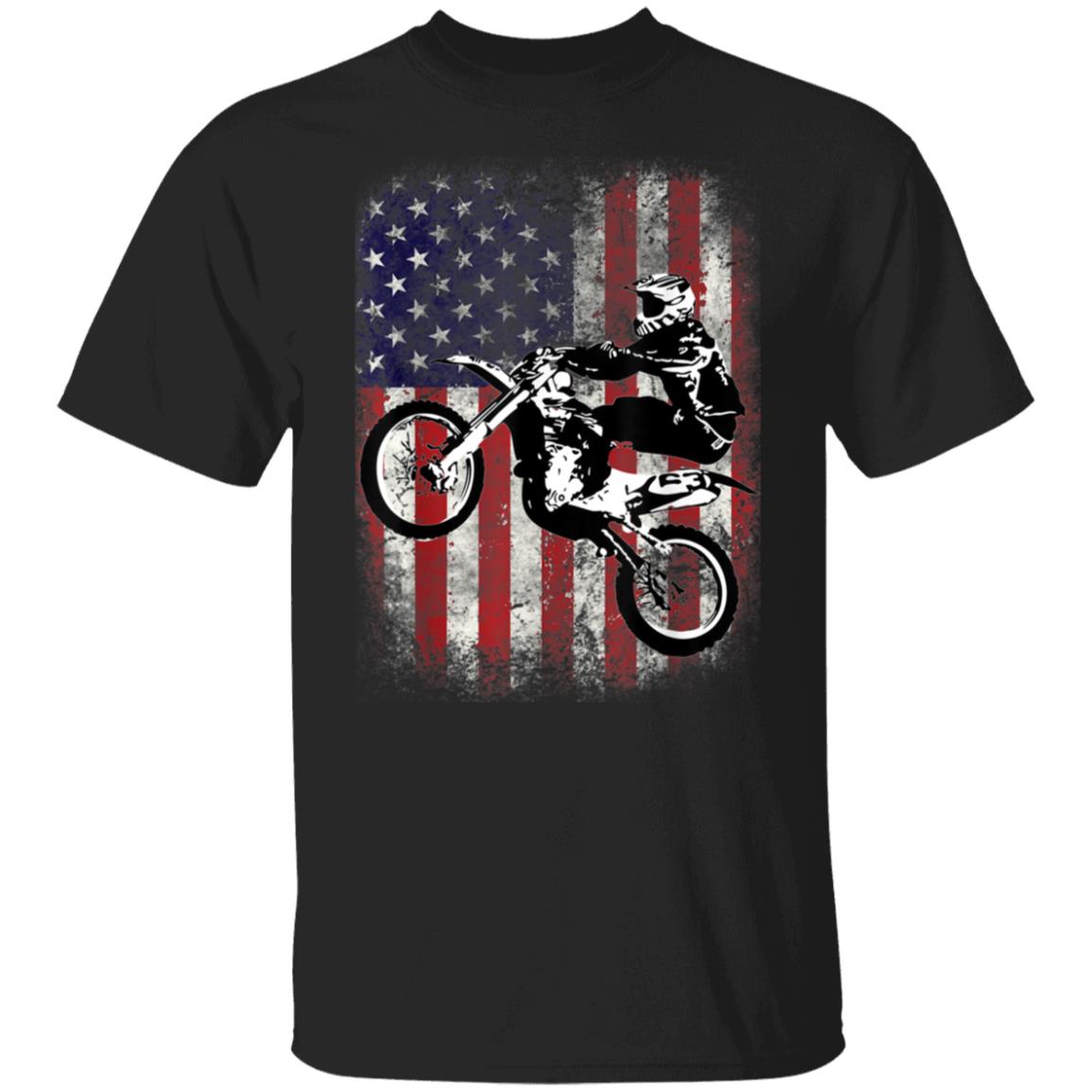 Dirt Bike American Flag Motocross Biker 4th of July Black T-Shirt