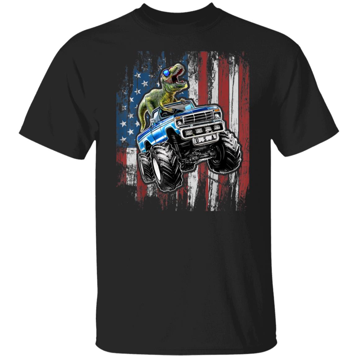 T Rex Dinosaur Monster Truck 4th of July American Flag Boys T-Shirt