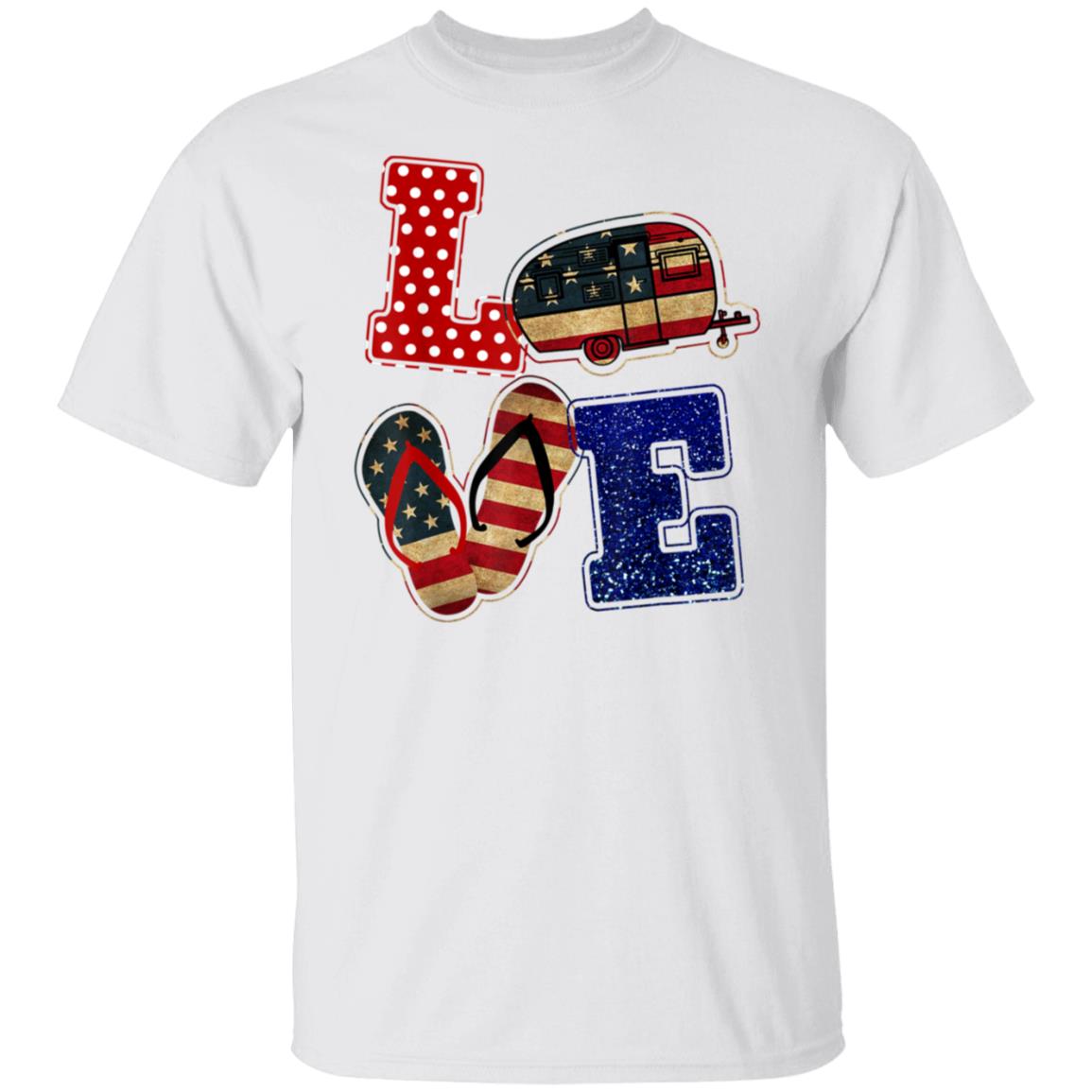 Love Camping American Flag Flip Flop 4th Of July Camper T-Shirt