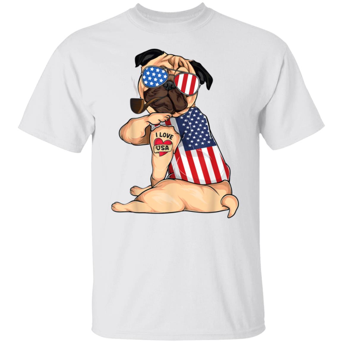 Pug dog Merica 4th of July USA American flag men women T-Shirt