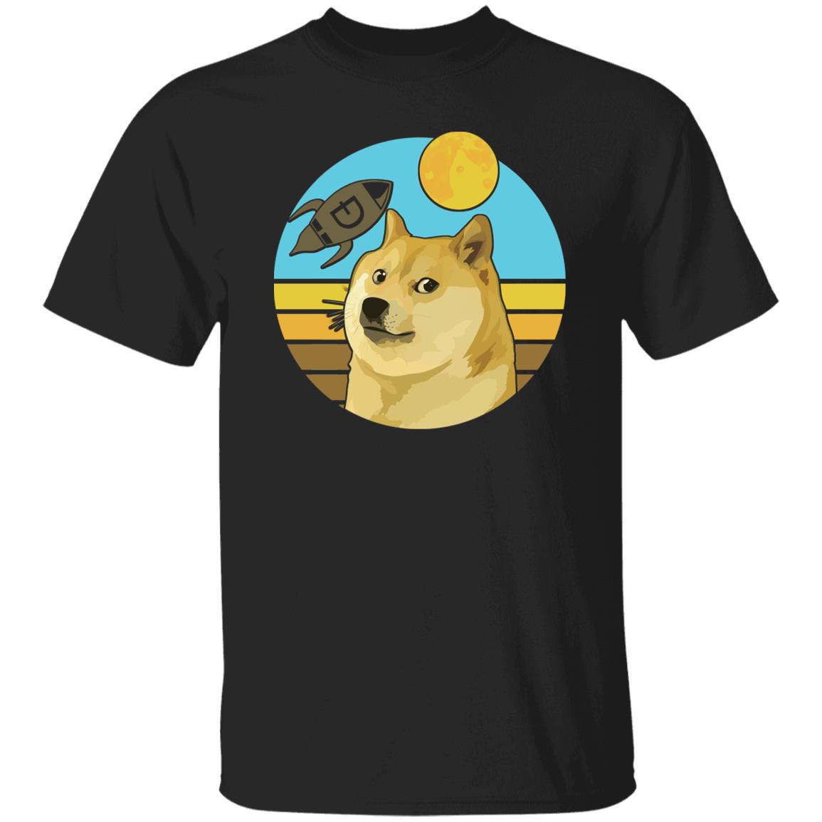 Dogecoin Rocket Moon Retro Sunset Crypto Tee Shirt