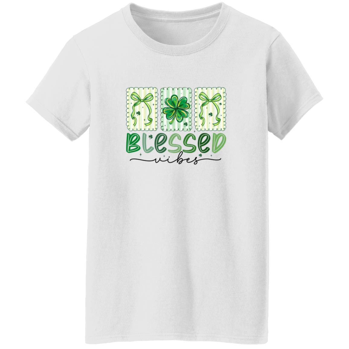 St Patricks Day Blessed Vibes Shamrock Shirt – Irish Lucky Clover Shirt St Patricks Day Womens Shamrock Shirt with Blessed Vibes clover design in green