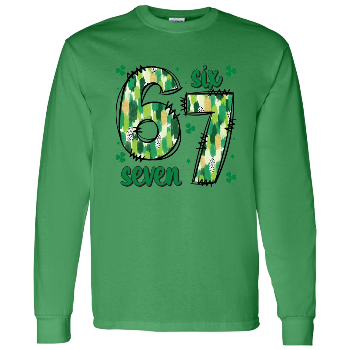 67 Shamrocks St Patricks Day T Shirt Festive Green Tee Front view of 67 Shamrocks Long Sleeve Shirt